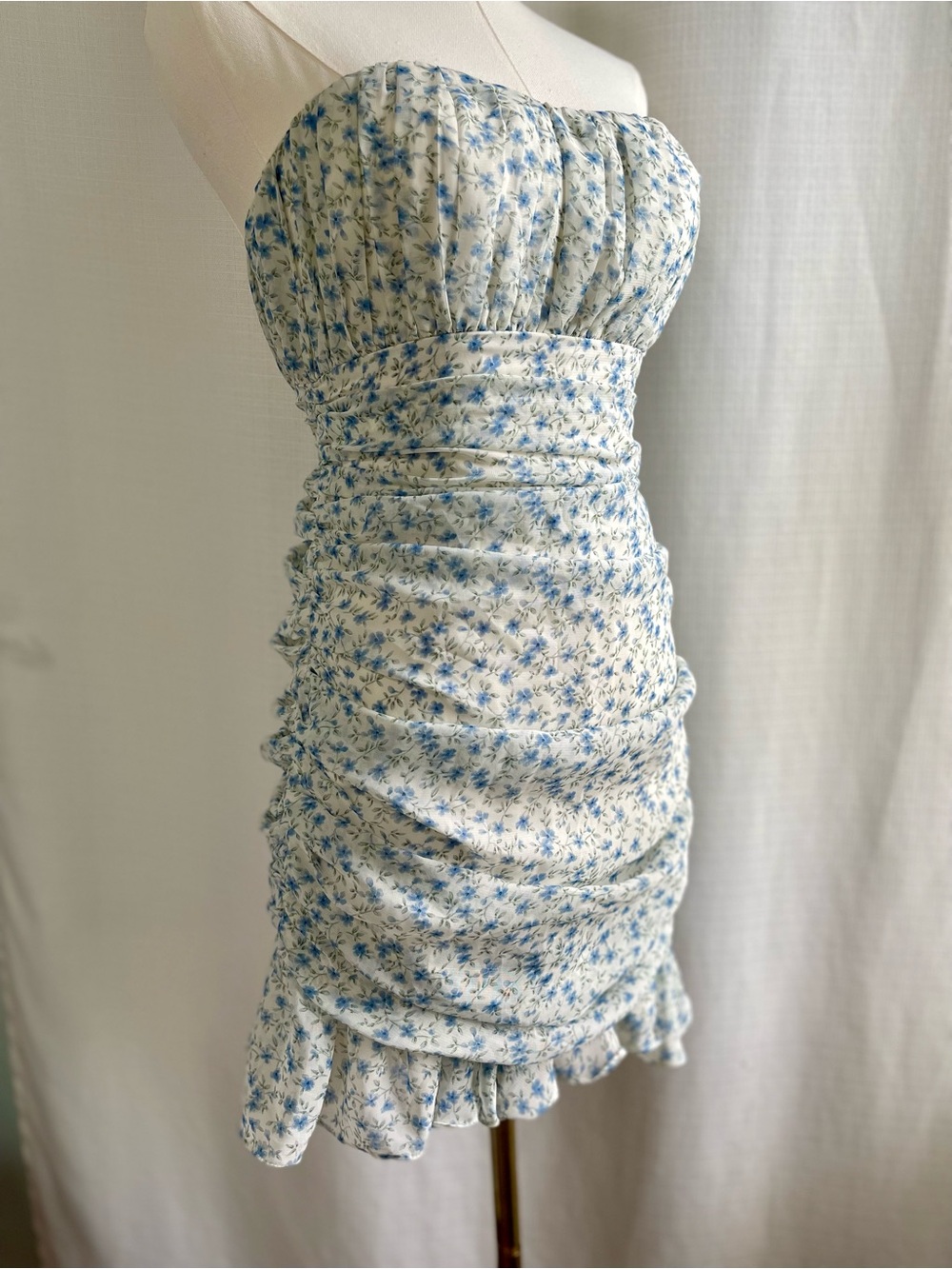 Adeirlina Blue Y2K Floral Mini Dress - Ruched Strapless Ruffle Hem Medium Boho